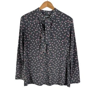 Uniqlo Heart Print Bow Tie Neck Blouse Medium Long Sleeve‎ Office Kawaii Cute
